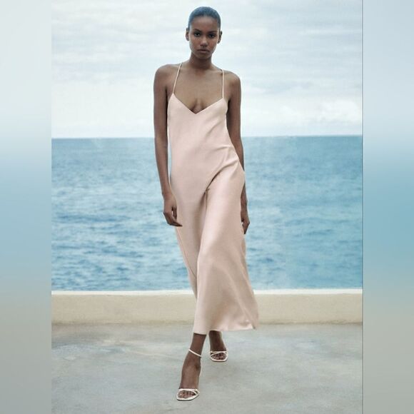 ZARA SATIN SLIP DRESS SALMON PINK - Picture 5 of 12